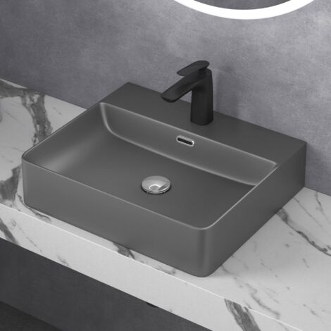 doporro Lavabo da Appoggio o Sospeso Lavandino Bagno Rettangolare con Foro per Rubinetto e Troppopieno 50 cm in Ceramica Antracite Opaco - Meissen201