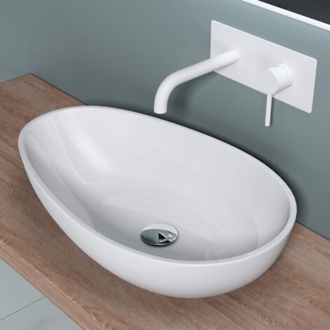 doporro Lavabo da Appoggio, Lavandino Bagno 59.8x36x14cm, Lavabo Ovale da Minerale Fuso Colossum809, Bianco Lucido