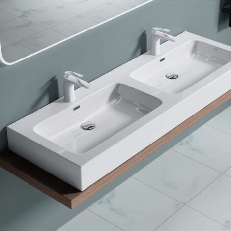doporro Lavabo da Appoggio, Lavandino Bagno 140x48x13cm, Lavabo da Minerale Fuso Colossum830, due Fori per la Rubinetteria, Bianco Opaco