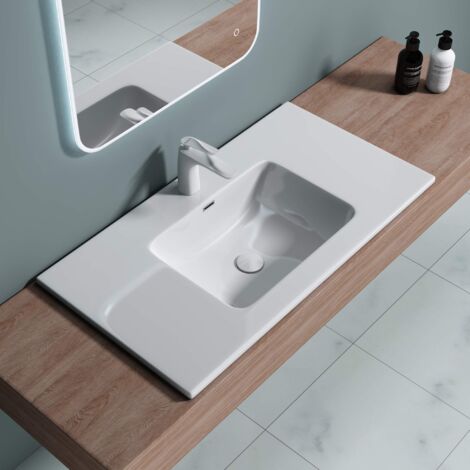 doporro Lavabo da Incasso, Lavabo Sottopiano 90x48x12cm, Lavandino Bagno da Minerale Fuso Colossum02-900, Bianco