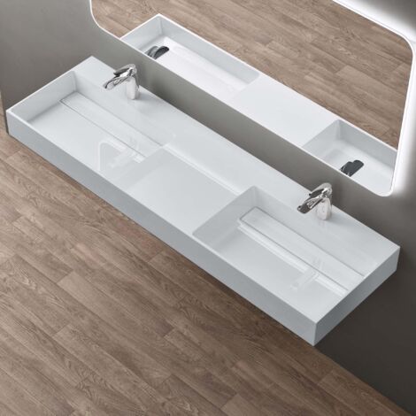 doporro Lavabo doppio Sospeso Lavabo da Appoggio Rettangolare in Marmo Resina Bianco Lucido, Vasca Doppia 160x48x13 cm con 2 Fori Rubinetto e Piletta Scarico, Colossum12