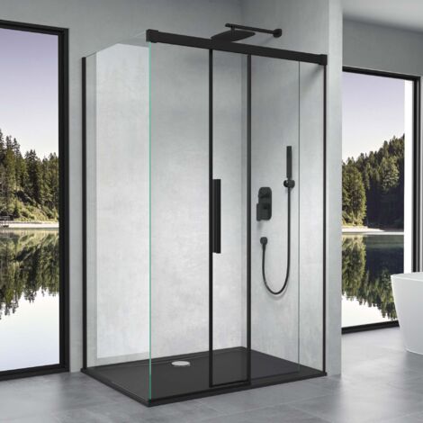 doporro Box Doccia 100x140x195cm, Cabina Doccia Angolare con Porta Scorrevole Soft-close in Profilo Nero Vetro di Sicurezza ESG Vetro Trasparente Incluso Rivestimento Ravenna12k