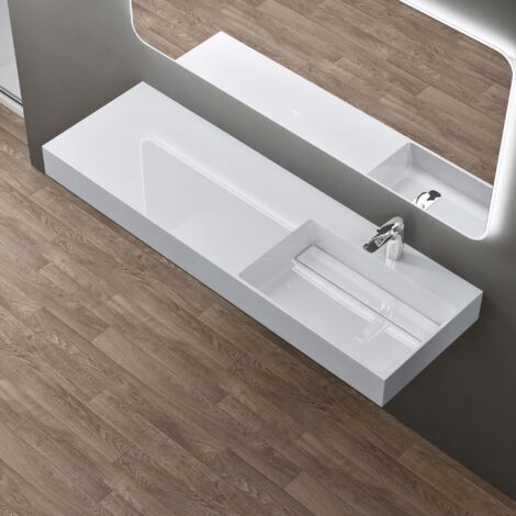 doporro Lavabo Bagno Sospeso Lavabo da Appoggio Rettangolare in Marmo Resina Bianco Lucido, Vasca a Destra 150x48x13 cm con 1 Foro Rubinetto e Piletta Scarico, Colossum12