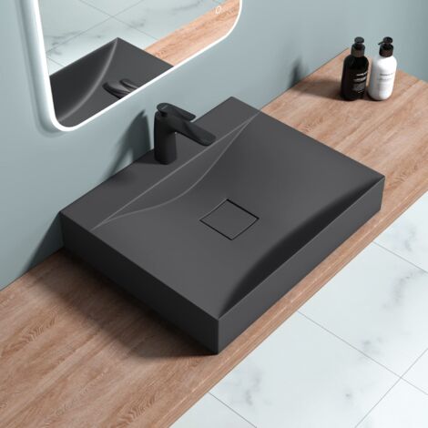 doporro Lavabo da Appoggio o Sospeso Rettangolare Lavandino Bagno con Foro per Rubinetto e Montaggio a Parete, 60x48x12 cm in Marmoresina Antracite Opaco - Colossum810