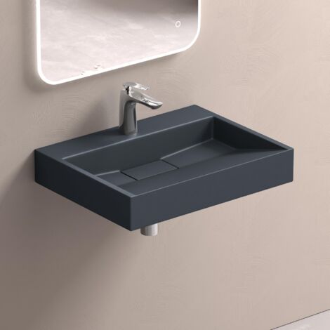 doporro Lavabo da Appoggio Bagno Sospeso Lavandino Rettangolare in Marmoresina con Piletta di Scarico Inclusa Colossum19, 50x38x11 cm Antracite Opaco Monoforo