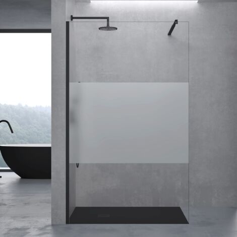 doporro Parete Doccia Walk-In in Vetro Temperato 10 mm con Striscia Satinata, Inclusa Barra Stabilizzatrice Regolabile 70-120 cm in Acciaio Inox, Profilo Nero Opaco, 90x200 cm – Bremen02MS