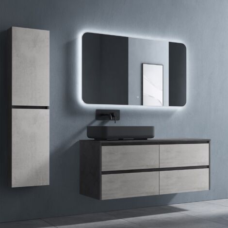 doporro Mobile Bagno Sospeso 120x48x51.6cm, Mobile da Bagno con 4 Cassetti Include Lavabo e Specchio LED, linen, Seria Normal