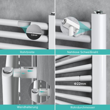 doporro Radiatore da Bagno 160x60cm, Radiatore Piatto Termoarredo da Bagno Riscaldamento Elettrico o da Acqua Calda RHE Portasciugamani in Acciaio, Bianco