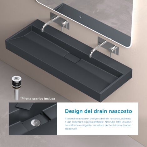 doporro Lavabo da Appoggio, Lavabo Bagno Sospeso120x46x11cm, Lavandino Bagno da Minerale Fuso Colossum19-500, senza Foro per Rubinetteria, Antracite Opaco