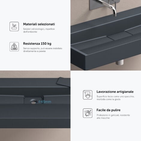 doporro Lavabo da Appoggio, Lavabo Bagno Sospeso120x46x11cm, Lavandino Bagno da Minerale Fuso Colossum19-500, senza Foro per Rubinetteria, Antracite Opaco