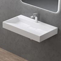 doporro Lavabo da Appoggio Bagno Sospeso Lavandino Rettangolare in Marmoresina con Piletta di Scarico Inclusa Colossum19, 70x46x11 cm Bianco Opaco Monoforo