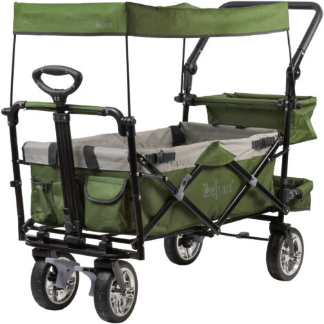 Carrello a mano Zelsius pieghevole con tetto, verde/grigio, carrello di trasporto con sistema a cinghia, carrello da spiaggia