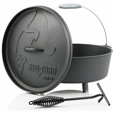 BBQ Toro Dutch Oven Alpha Serie DO12AX, 10,7 Liter  DO12AX , Pan Zonder Poten Al Ingebrand Preseasoned Gietijzeren Kookpan Braadpan Met Deksellifter 664566263