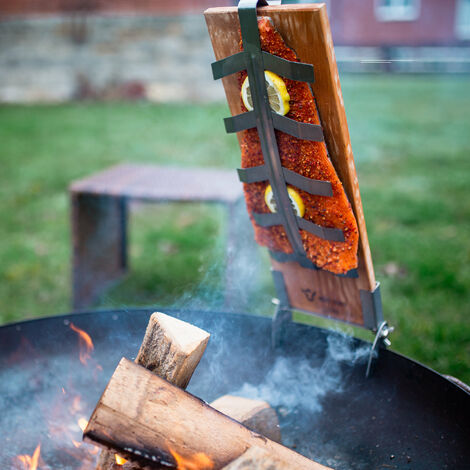 Set Di 2 Tavole Per Salmone Alla Fiamma In Legno Di Faggio - Supporto Regolabile In Acciaio Inox, Per Barbecue E Braciere