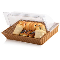Cestino da portata per pane, cestino in finto rattan con coperchio in acrilico, vassoio da portata chic per snack, cestino da picnic per pane intrecciato per cucina ristorante
