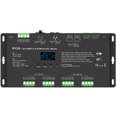Décodeur DMX512 12-24V DC - 5A/canal - 12 canaux - Écran OLED
