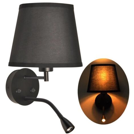 Barcelona Led – Applique murale chambre E27 avec liseuse LED 3W – Abat-jour tissu noir – Spot réglable pour lecture – Dimensions Ø 220 x 450 mm
