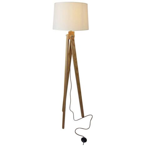 Barcelona Led – Lampadaire trépied en bois naturel – Abat-jour toile blanche – Hauteur 120 cm – Pour salons et bureaux – Éclairage doux et élégant