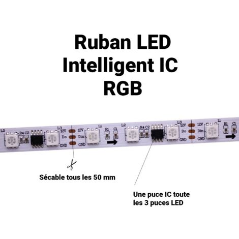 Ruban LED intelligent IC RGB 12V DC - 14,4 W/m - IP20 - 60 LED/m - Largeur  10mm - 5 mètres