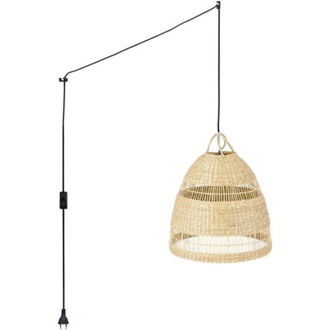 Barcelona Led – Suspension en osier décentrée Ikken – Câble réglable 3,38m – Prise murale avec interrupteur – Ø 360mm – Noir boho chic (1/5)