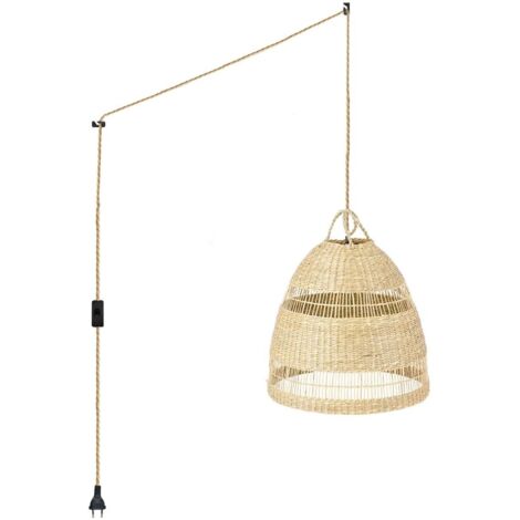 Suspension en osier "Ikken" avec interrupteur et prise murale - Corde boho chic