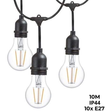 Barcelona Led – Guirlande lumineuse d'extérieur 10 mètres – 10 douilles E27 – IP44 pour éclairage extérieur abrité – 60W max – Espacement 1 mètre