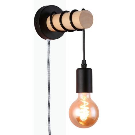 Lampe murale en bois avec interrupteur et prise "MILA" - Noir