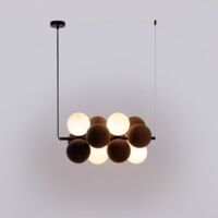 Barcelona Led – Suspension acoustique horizontale 4 globes lumineux en verre opale – Absorption sonore – Design moderne pour espaces commerciaux – 200-240V AC