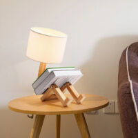 Barcelona Led – Lampe à poser en bois naturel – Abat-jour toile et PVC – Compatible ampoule E27 – Style nordique ludique – Pour décoration intérieure