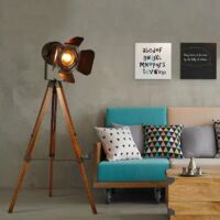 Barcelona Led – Lampadaire trépied vintage 139cm – Aluminium et bois – Éclairage réglable 360° – Compatible ampoule E27 – Intérieur IP20