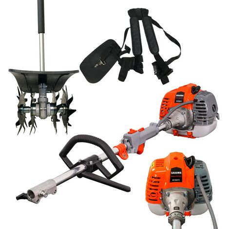Sakawa – Motobineuse multifonction 32cc – Moteur essence 1,7 cv – Guidon ergonomique – Profondeur de travail 15 cm – Accessoires inclus