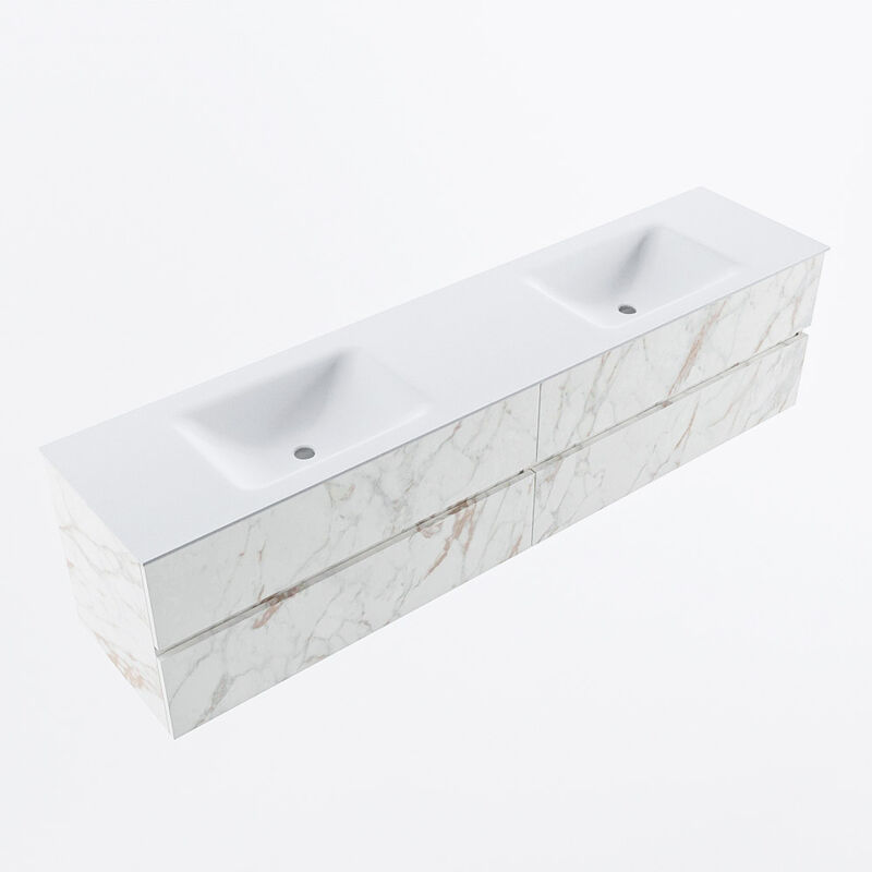 VICA 140cm mueble de baño Carrara 4 cajones. Lavabo CLOUD doble 2 orificios  color Talc con espejo