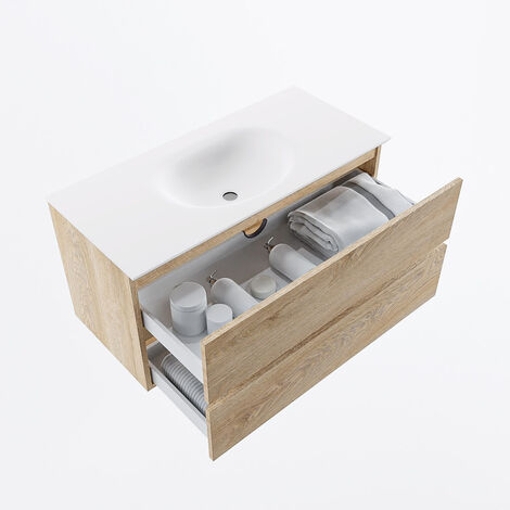 VICA 100cm mueble de baño Washed Oak 2 cajones. Lavabo MOON Centro sin  orificio color Talc