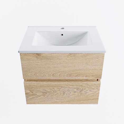 VICA 60cm mueble de baño Washed Oak 2 cajones. Lavabo DENIA Centro 1  orificio, color Blanco