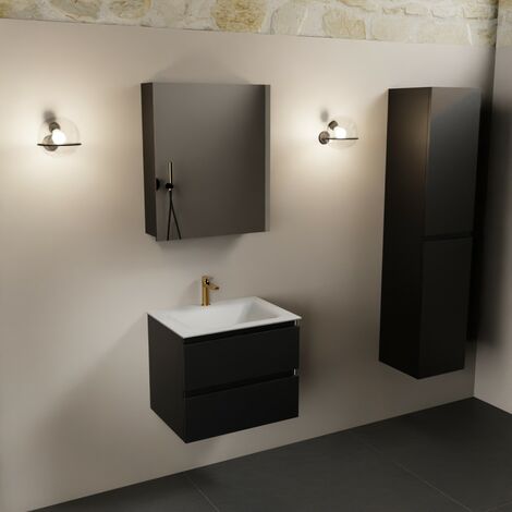 MONDIAZ AIVY 60cm mueble de baño Mocha. con Lavabo Talc solid surface  centro 1 orificio y espejo camerino