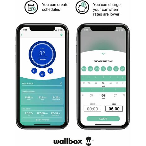 Wallbox Caricatore auto elettrica stazione Pulsar Plus 22 kW, connettore Tipo  2 con Cavo di 5 Metri. Connettività Bluetooth e Wi-Fi