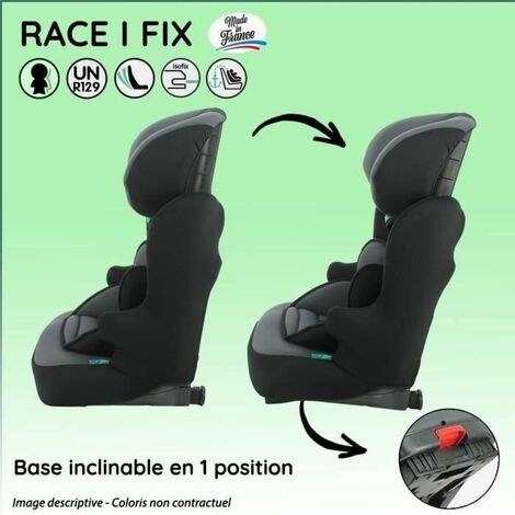 Seggiolino auto NANIA RACE I FIX isofix 76-140 cm R129 – da 3 a 10 anni – Poggiatesta  regolabile – Base inclinabile – Nero – Produzione francese