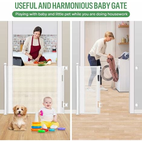 Puerta de seguridad retráctil para bebés (0-180 cm), puerta de seguridad  para escaleras de mascotas - blanco
