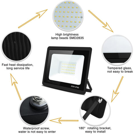 Juego de 2 reflectores LED de color blanco frío, 30 W, reflector LED impermeable IP66 para exteriores, para jardín, reflector LED para exteriores