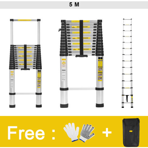 Escalera Telescópica Portátil FREOSEN 5M Escalera Multifunción de Aluminio, Capacidad 150 Kg, 13 Peldaños + Bolsa + Guantes
