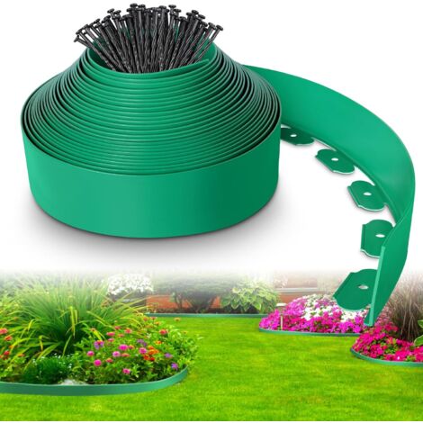 Borde de jardín exterior de plástico verde de 20 m con 60 estacas. Borde flexible resistente a la intemperie para césped. Borde flexible con estacas resistentes.