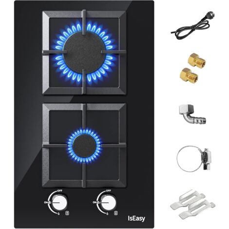 Glas Gaskochfeld 2 Flammig, Automatischer ,Thermoelementschutz, Schwarz Einbau Kochfeld Glas,2 Zonen 2700W/1000W, 31cm, Erdgas/Propangas