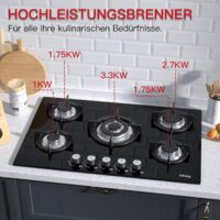 TOPWISH Einbau Gaskochfeld 4 Flammig – 60 Cm, 8000 W, Glasoberfläche, NG/LPG Umrüstbar, Mit Thermoelementschutz