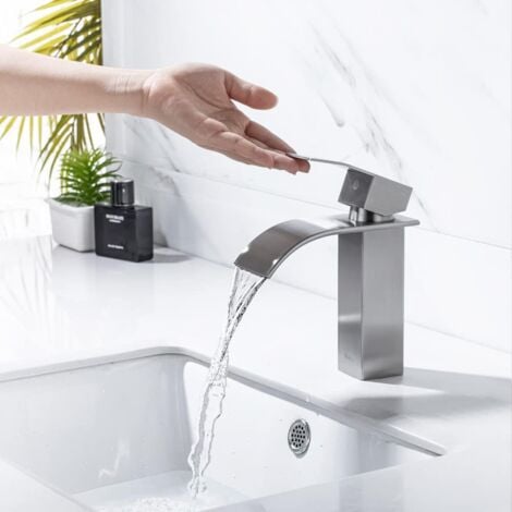 ONECE Waschtischarmatur aus Edelstahl gebürstet, Wasserhahn Bad Wasserfall Armatur für Waschbecken, Mischbatterie Einhebel - Badarmatur, Matt