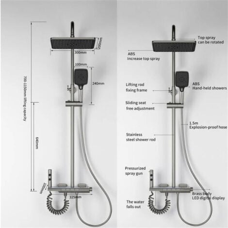 Regendusche Duschsystem,4 Funktion LED Digitalanzeige heiße und kalte Mischung An der Wand montiert Brausegarnitur, mit 32 20cm Regendusche Handbrause Bidet Sprühgerät Badewannenarmatur