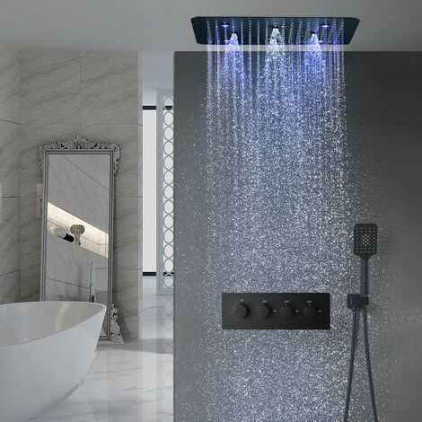 Duschsystem mit Thermostat, 500x500mm LED 3 Funktionen Schwarz Duschset Unterputz, Regen, Sprühen, Handbrause, Verschiedene Lichtwechsel, Edelstahl SUS 304, Selbstreinigend und Langlebig