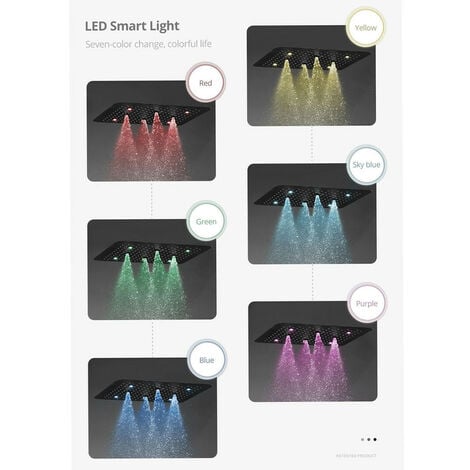Duschsystem mit Thermostat, 500x500mm LED 3 Funktionen Schwarz Duschset Unterputz, Regen, Sprühen, Handbrause, Verschiedene Lichtwechsel, Edelstahl SUS 304, Selbstreinigend und Langlebig