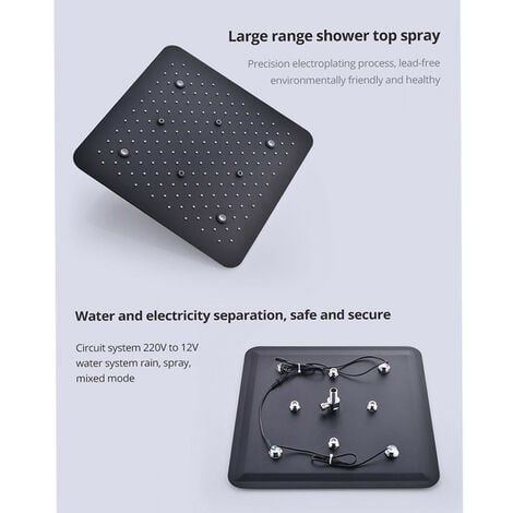 Duschsystem mit Thermostat, 500x500mm LED 3 Funktionen Schwarz Duschset Unterputz, Regen, Sprühen, Handbrause, Verschiedene Lichtwechsel, Edelstahl SUS 304, Selbstreinigend und Langlebig