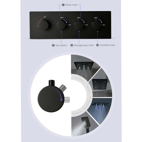 Duschsystem mit Thermostat, 500x500mm LED 3 Funktionen Schwarz Duschset Unterputz, Regen, Sprühen, Handbrause, Verschiedene Lichtwechsel, Edelstahl SUS 304, Selbstreinigend und Langlebig