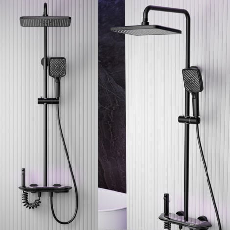 Duschsäulen mit Thermostat, Digitalanzeige Duschsystem mit Thermostat Messing Duschset Wandmontiert Duschsäule Duschgarnitur mit Regendusche, Handbrause, Bidet Sprayer, Schwarz